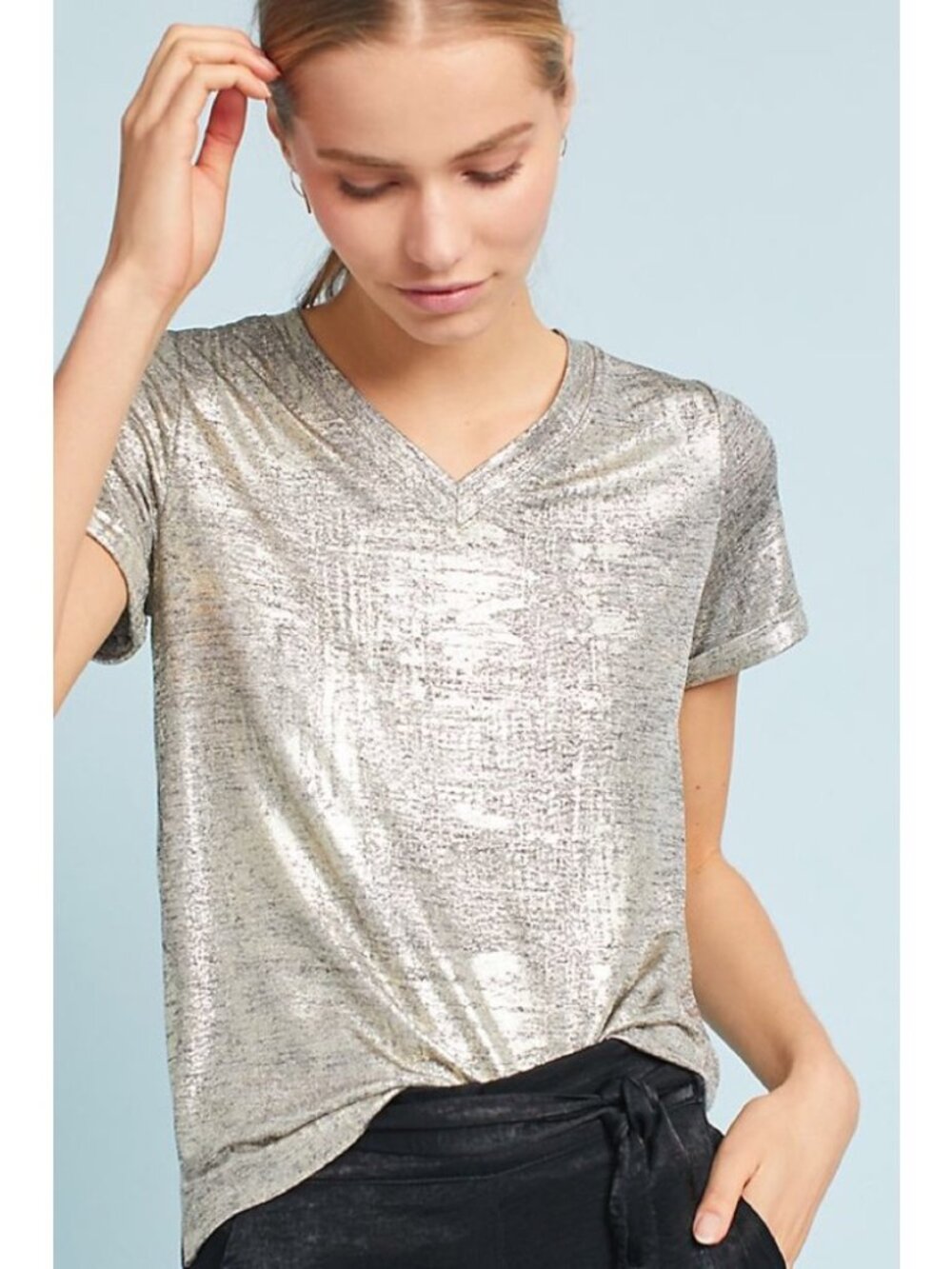 Anthropologie Akemi + Kin Charelle Metallic Tee Gold Silver Shimmer Party Small